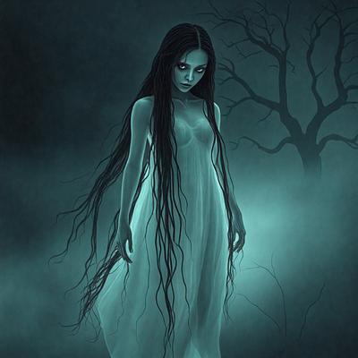 The primary subject of the image is a woman with long hair, dressed in a white gown. She is standing in front of a tree, which serves as the setting or background of the scene. The visual style of the image is digital art, as it is a well-crafted and detailed illustration. The colors and mood of the image are predominantly dark, with the woman's white gown contrasting against the darker background.